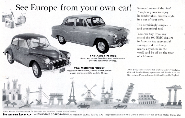 Austin A55, Morris 1000. Holiday magazine, April 1958.