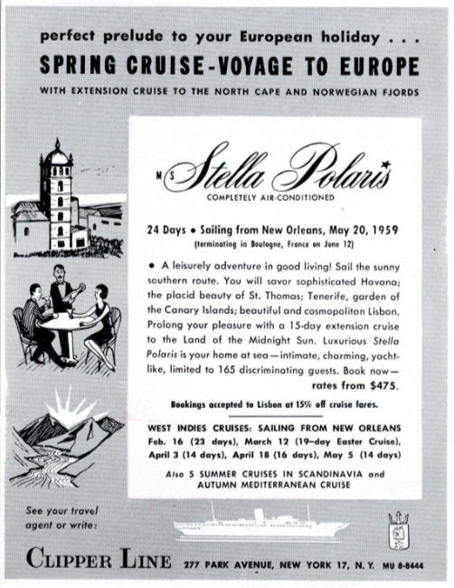 Clipper Lines, M/S Stella Polaris. Holiday magazine, February 1959.