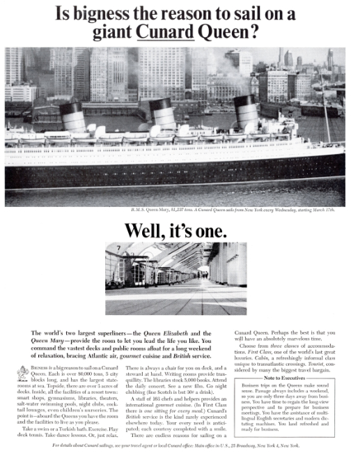 Cunard, R.M.S. Queen Mary. Holiday magazine, May 1965.