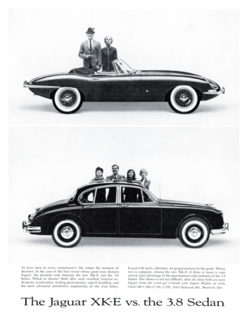 Jaguar XK-E, Jaguar 3.8 Sedan. Canadian Homes magazine, April 1962.