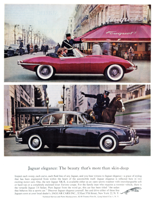 Jaguar XK-E, Jaguar 3.8 Sedan. Holiday magazine, April 1962.