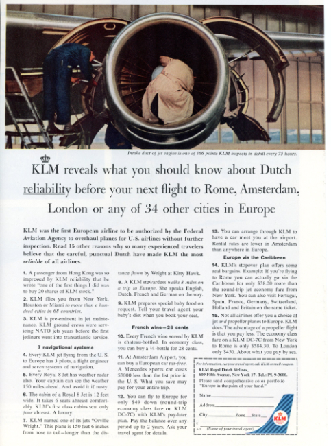 KLM Royal Dutch Airlines. Holiday magazine, April 1962.