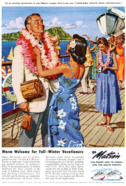 Matson Navigation Company's Matsonia and Lurline. Holiday magazine, November 1958.