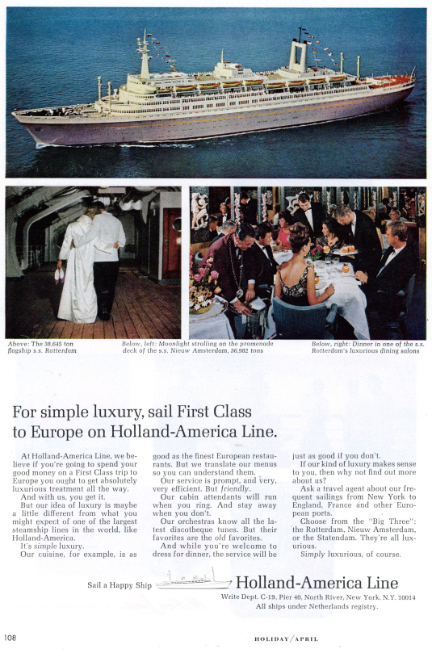 Holland America's flagship S.S. Rotterdam. Holiday magazine, April 1958.