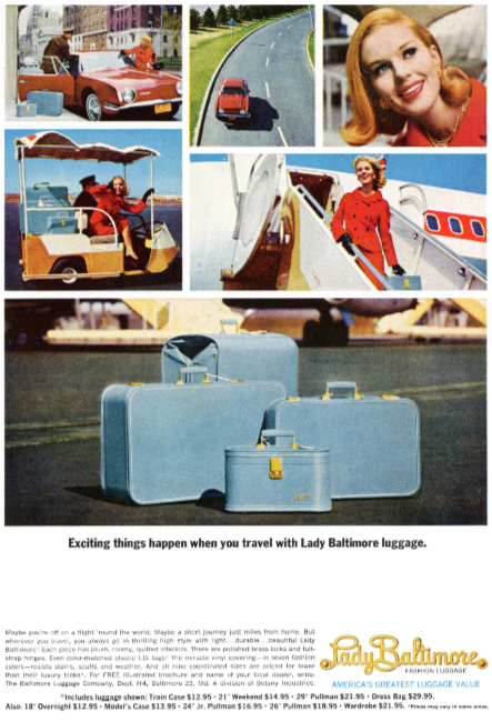 Lady Baltimore luggage, Studebaker Avanti. Holiday magazine, April 1962.