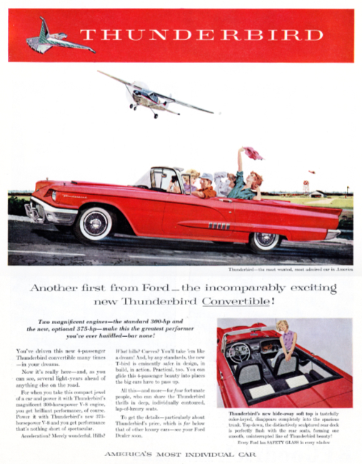 Thunderbird convertible. Holiday magazine, August 1958.