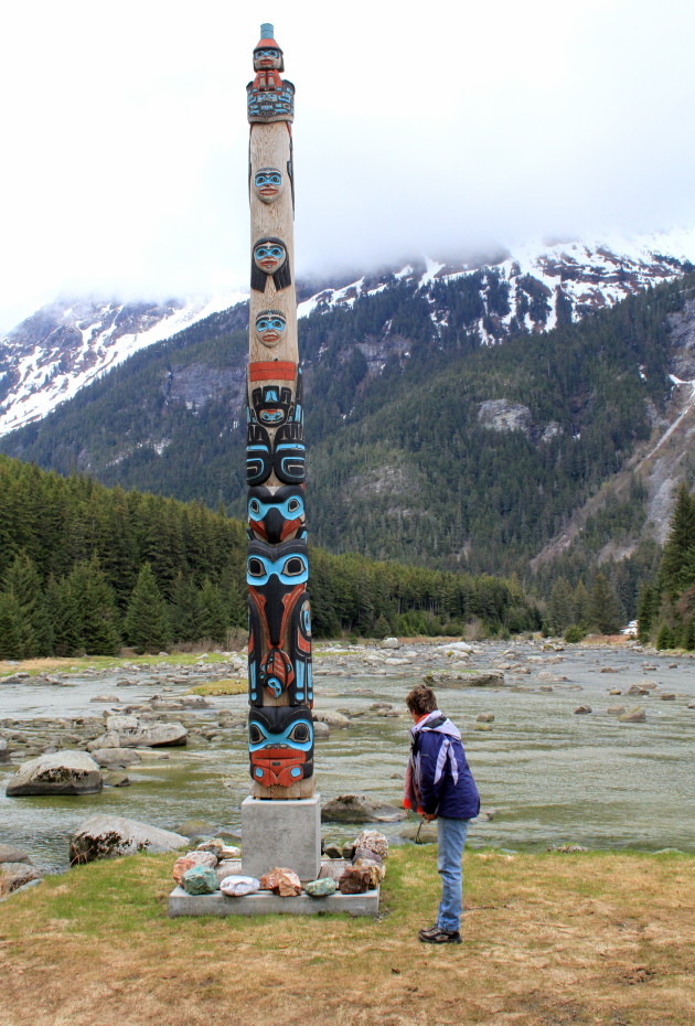 A totem pole along the Chilkoot River near Haines, Alaska