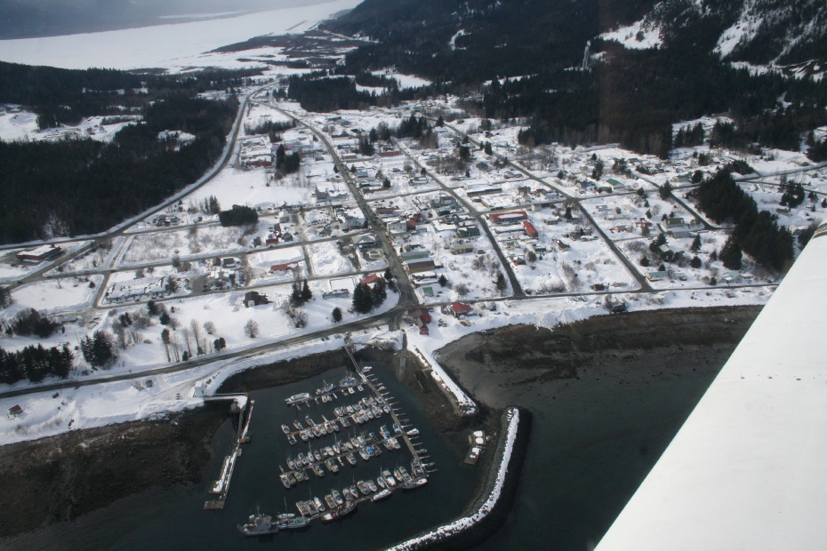 Aerial photo of Haines, Alaska, in late winter