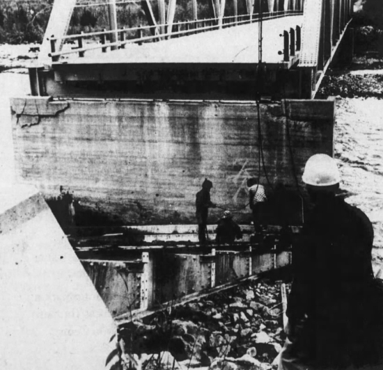 Racing River Bridge on Alaska Highway damaged by flood, July 1974