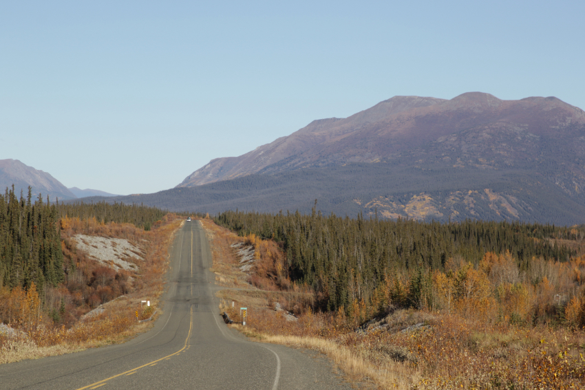 Alaska Highway Km 1728.4, looking ahead to Quill Creek on September 26, 2026.
