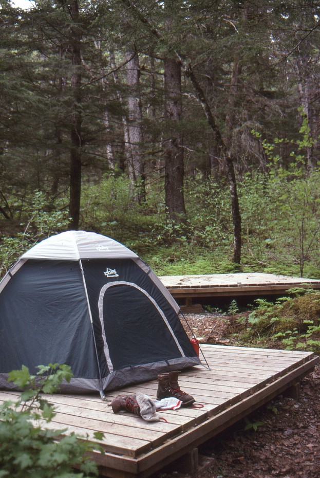 Tent on a wooden platform at Finnegan's Camp on the Chilkoot Trail