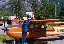 Fueling up my Cessna with car gas at Stewart, BC, in 1985