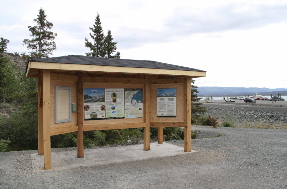 A display of interpretive panels and Kluane Park news at the Soldier's Summit trailhead