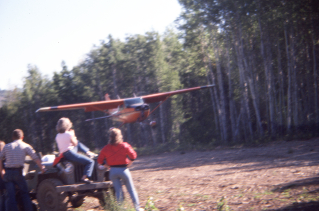 Cessna 172Whisky Delta Mike taking off on the rough strip at the Glenora Guest Ranch, BC, on August 27, 1987.