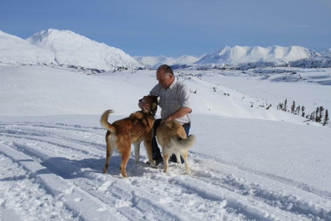 Murray Lundberg with his dogs in the snowy White Pass
