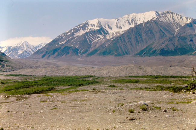 The debris field of gravel and ice left by the Black Rapids Glacier's retreat, June 1966