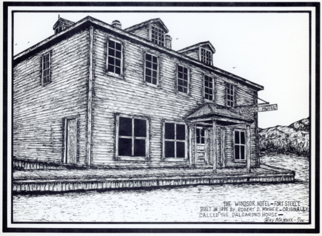 The Windsor Hotel at Fort Steele, British Columbia - pen-and-ink drawing by Ray Mannix.