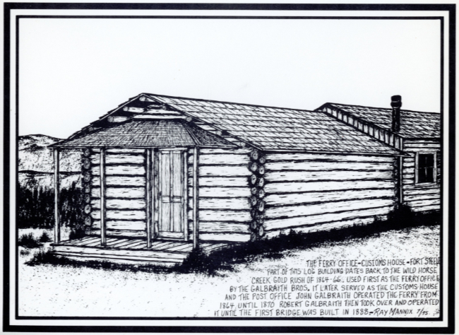 The Ferry Office / Customs House at Fort Steele, British Columbia - pen-and-ink drawing by Ray Mannix.