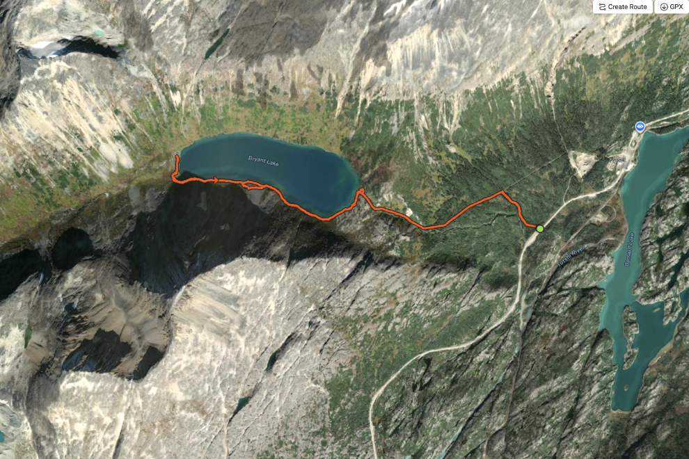 Map of the trail to Bryant Lake near Fraser, BC