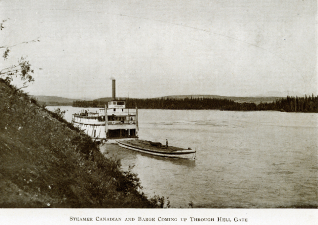 A Yukon Souvenir, 1904 - Steamer Canadian and Barge Coming Up Through Hell Gate
