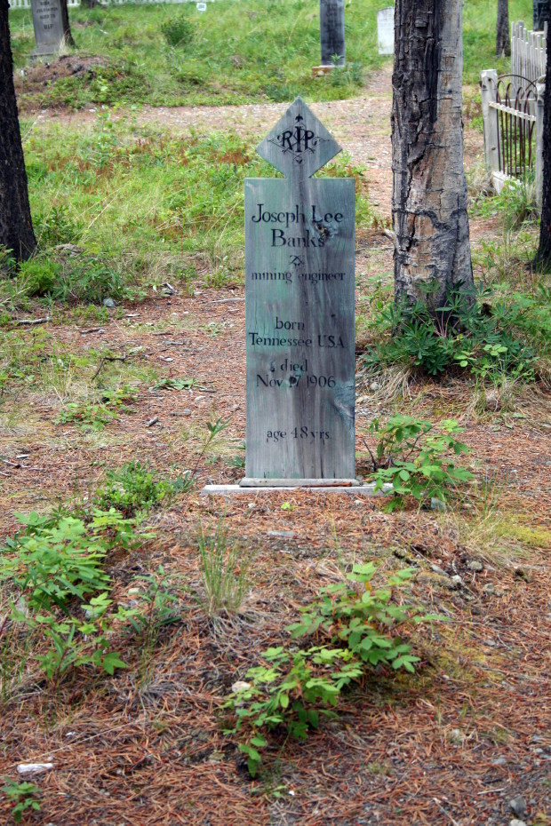 Headboard for mining engineer Joseph Lee Banks, Atlin Pioneer Cemetery, BC