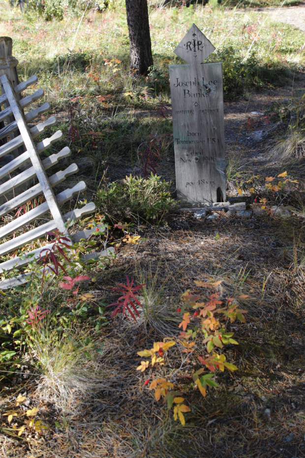 Headboard for mining engineer Joseph Lee Banks, Atlin Pioneer Cemetery, BC