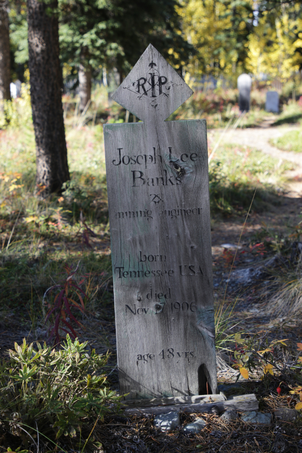 Headboard for mining engineer Joseph Lee Banks, Atlin Pioneer Cemetery, BC