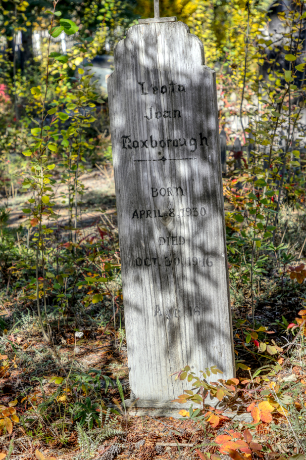 Grave of Leota Joan Roxborough in the Atlin Pioneer Cemetery, BC
