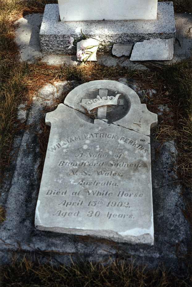 Headstone for William Patrick Perkins, Whitehorse Pioneer Cemetery, Yukon