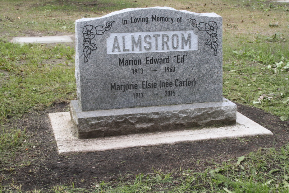Grave of Marion Edward 'Ed' Almstrom and Marjorie Elsie (Carter) Almstrom in the Whitehorse Pioneer Cemetery, Yukon, 2018