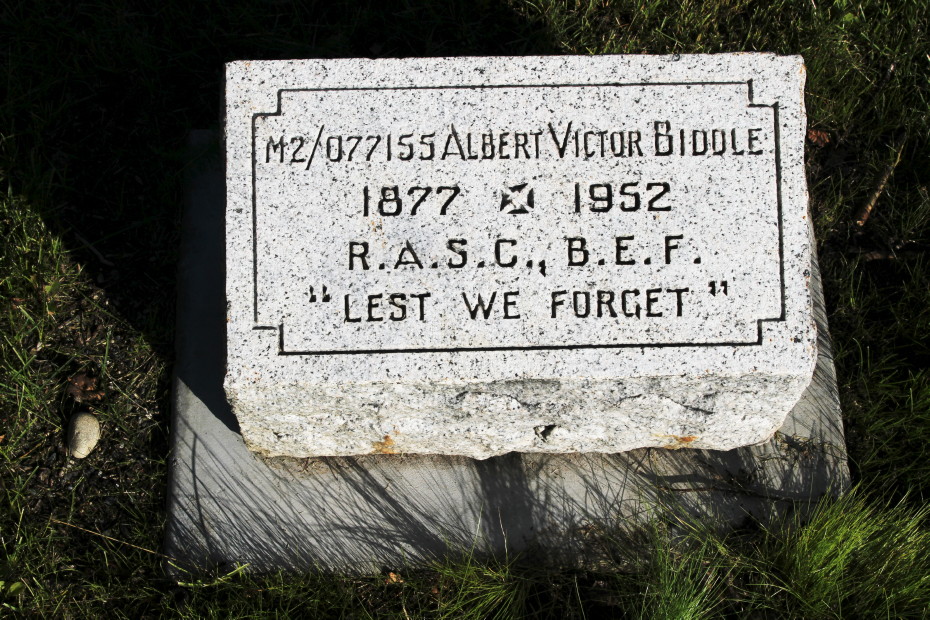 Grave of Albert Victor Biddle in the Whitehorse Pioneer Cemetery, Yukon