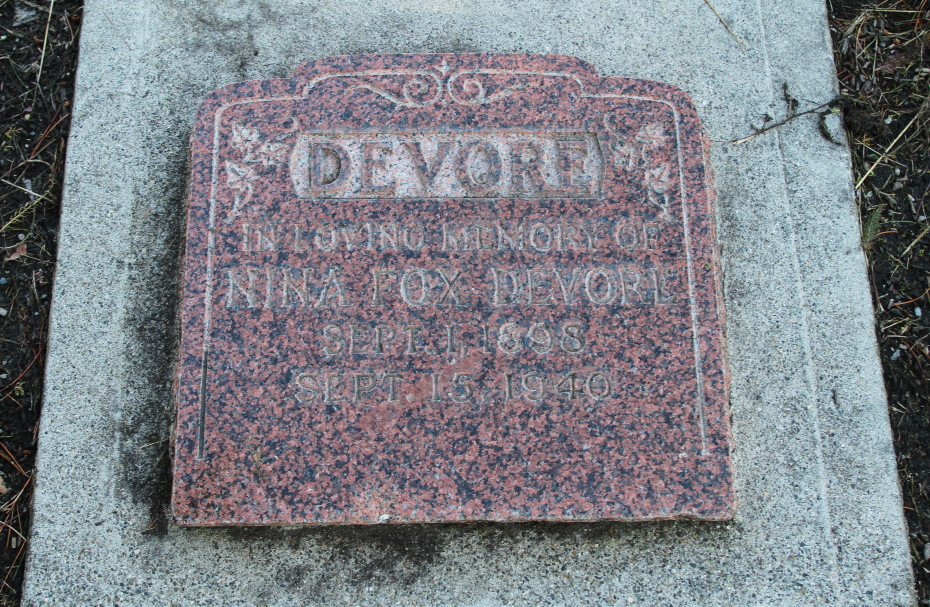 Grave of Nina Fox Devore in the Whitehorse Pioneer Cemetery, Yukon