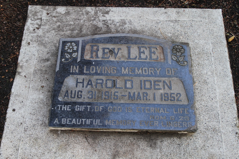 Grave of Rev. Harold Iden Lee in the Whitehorse Pioneer Cemetery, Yukon