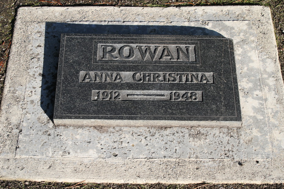 Grave of Anna Christina Rowan in the Whitehorse Pioneer Cemetery, Yukon