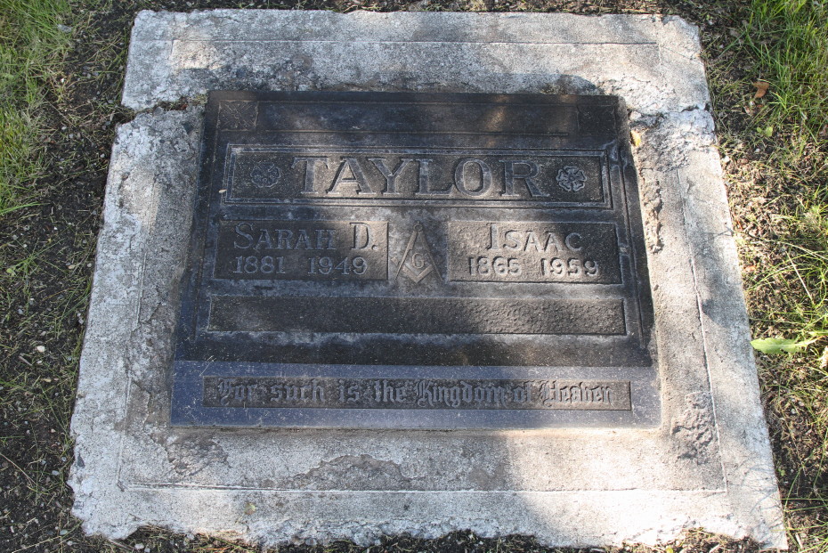 Headstone for Isaac and Sarah D. Taylor, Whitehorse Pioneer Cemetery, Yukon, 2018