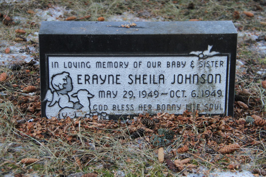 Grave of baby Erayne Sheila Johnson in the Whitehorse Pioneer Cemetery, Yukon, 2017