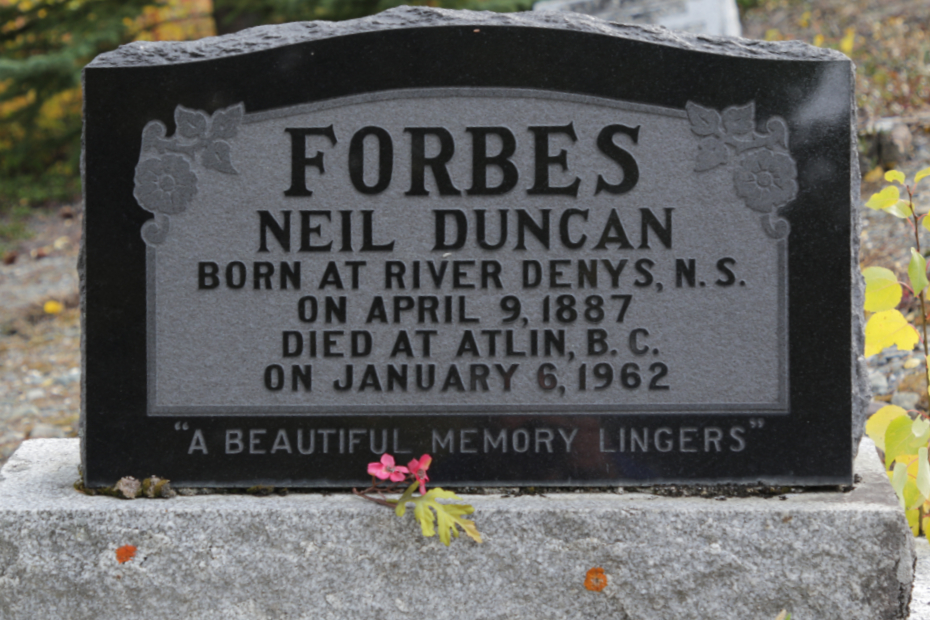 Grave of Neil Duncan Forbes in the Atlin Cemetery, BC