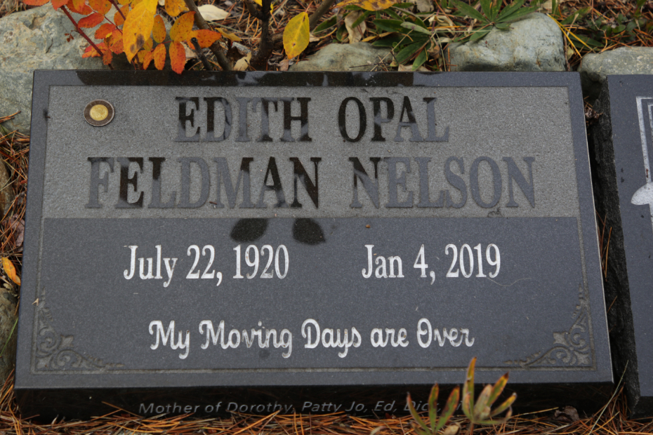 Grave of Edith Opal Feldman Nelson in the Atlin Cemetery, BC