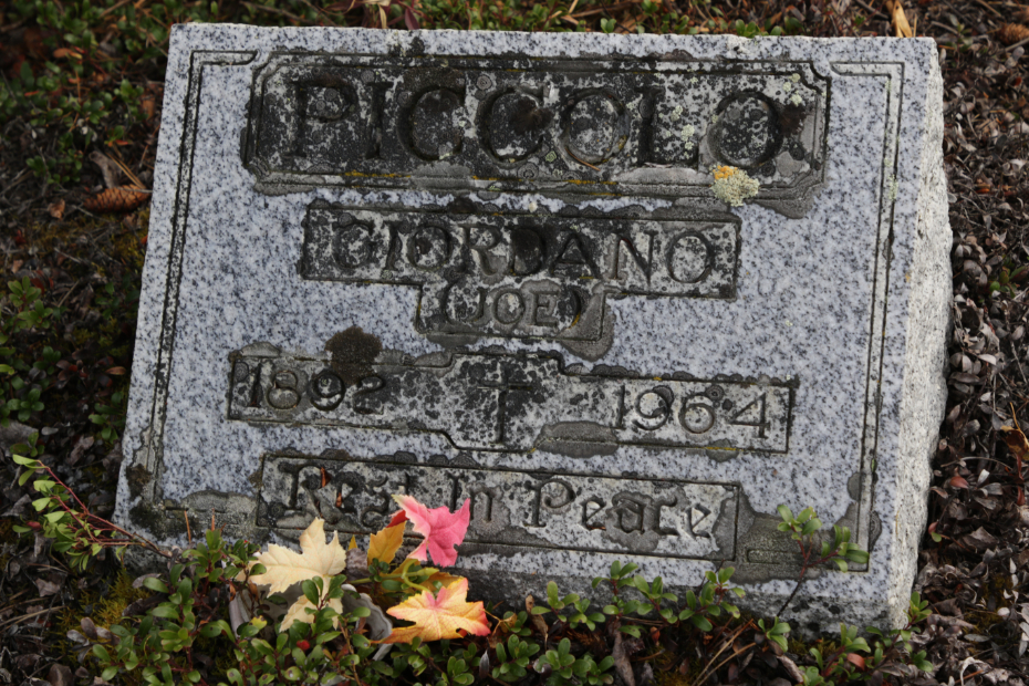 Grave of Giordano 'Joe' Piccolo in the Atlin Cemetery, BC