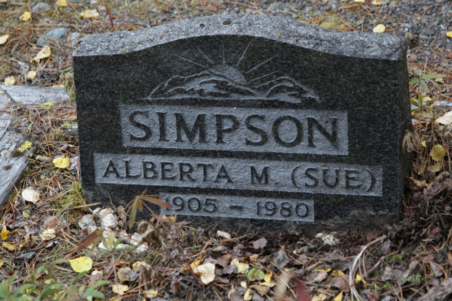 Grave of Alberta M. 'Sue' Simpson in the Atlin Cemetery, BC
