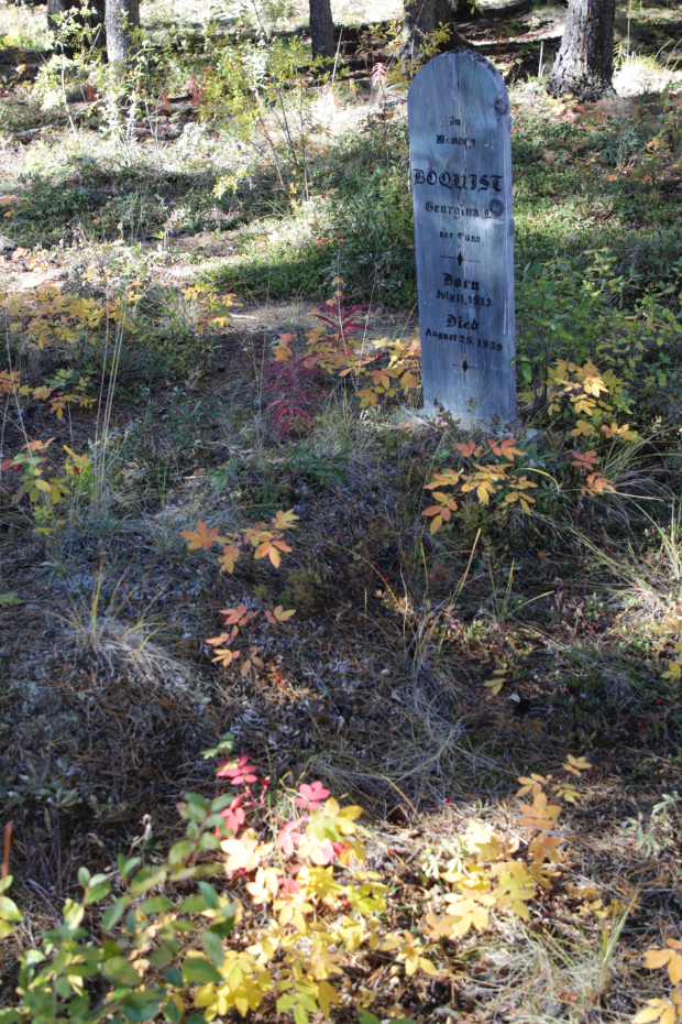 Grave of Georgina L. Boquist in the Atlin Pioneer Cemetery, BC