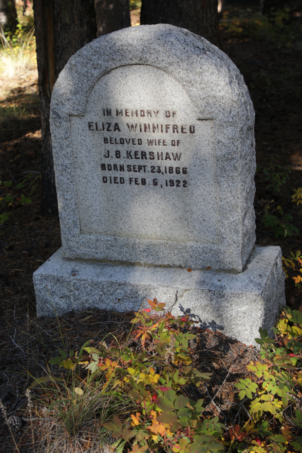 Grave of Eliza Winnifred Kershaw in the Atlin Pioneer Cemetery, BC
