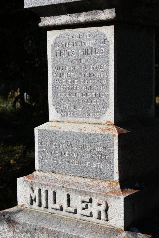 Grave of Fritz Miller in the Atlin Pioneer Cemetery, BC