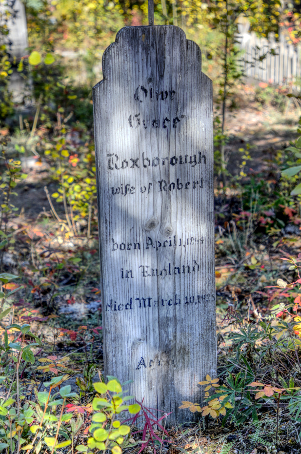Grave of Olive Grace Roxborough in the Atlin Pioneer Cemetery, BC