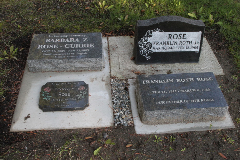 Grave of and memorials to 4 members of the Rose family in the Whitehorse Pioneer Cemetery, Yukon