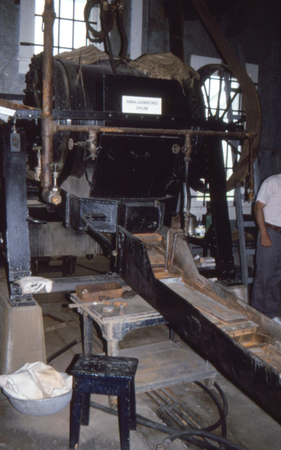 The amalgamating drum in the Gold Room at Bear Creek in July 1995. Photo by Murray Lundberg.