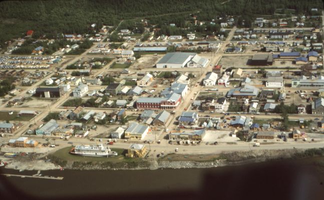An aerial view of the heart of Dawson on June 20, 1985. Photo by Murray Lundberg.