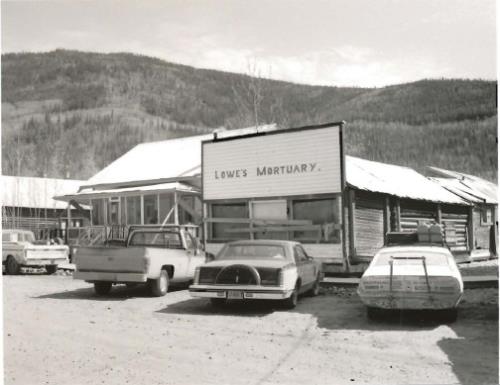 General view of Lowe's Mortuary, showing its false-front façade with painted lettering, 1987. Photo by Parks Canada.