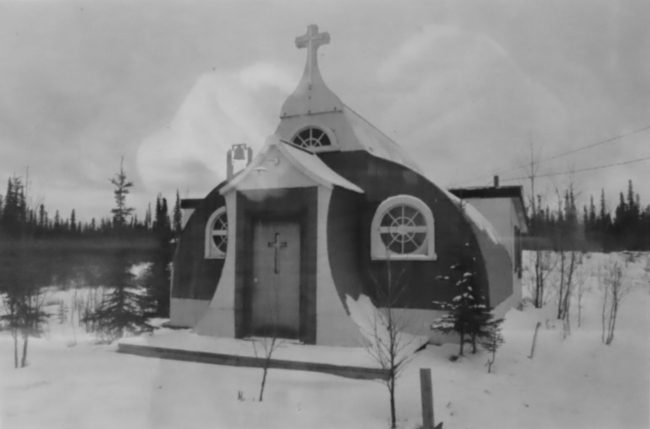 Our Lady of the Way Catholic Church in the 1950s. Photo on the church wall.