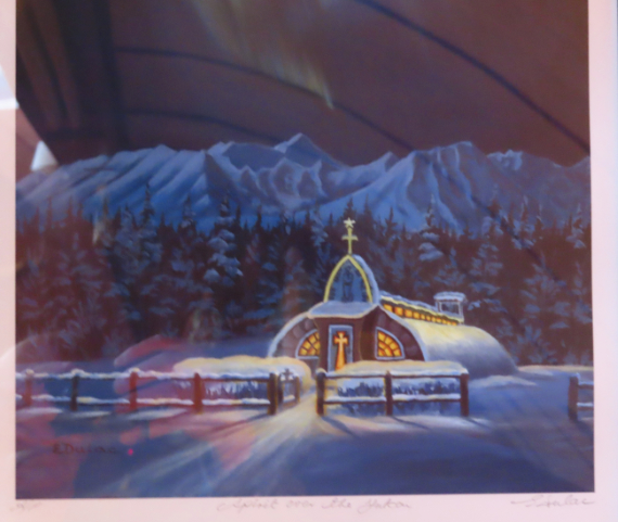 Print of a painting of the church by Haines Junction artist Libby Dulac (1947-2023), on the church wall. This is a small section of a much larger painting.